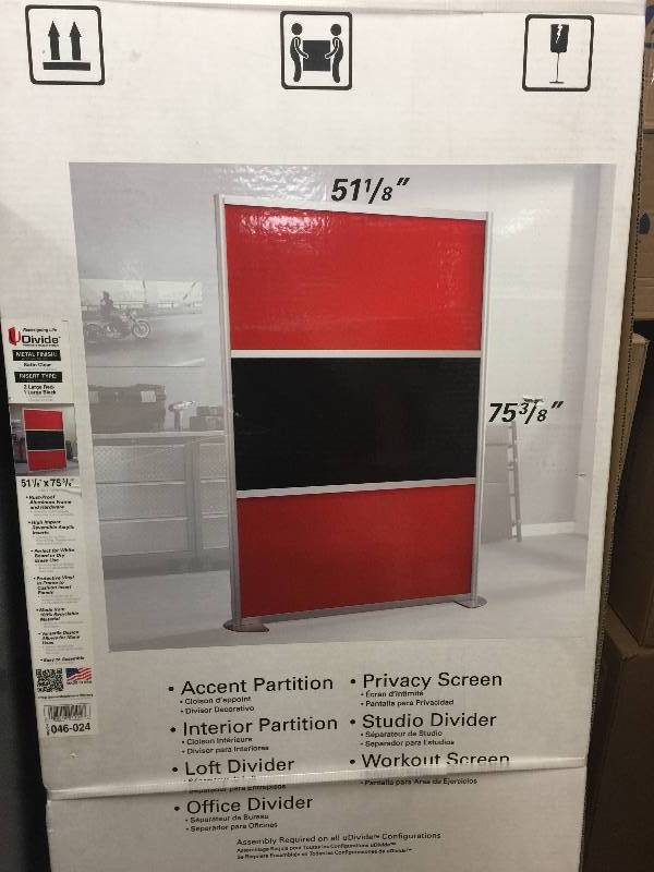 lot 106 image: Lot of 3 boxes of  Contractors Wardrobe uDivide 6.28 ft. Red and Black 3-Panel Room Divider New retail  $558.00 each