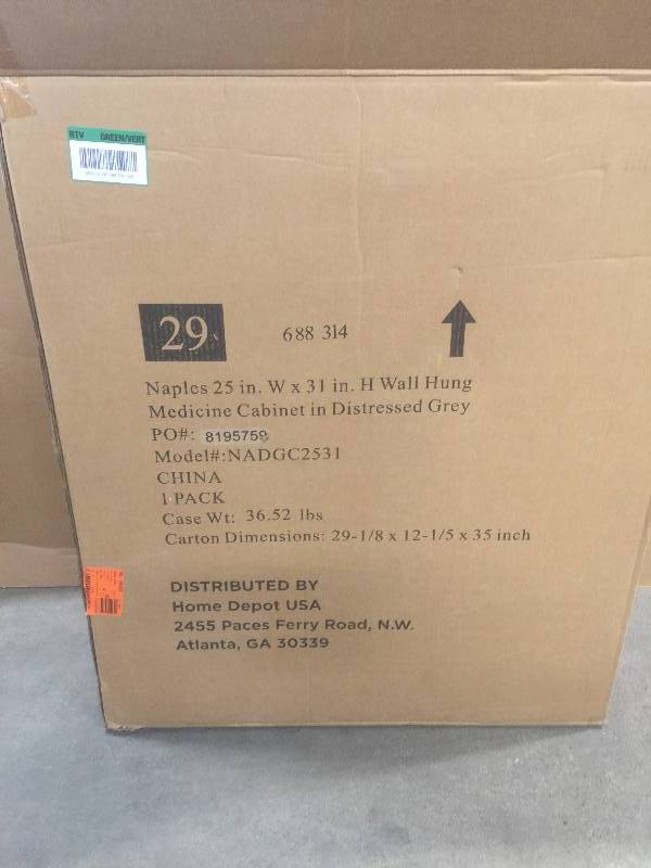 lot 2 image: Home Decorators Collection Naples 25 in. W x 31 in. H x 8 in. D Framed Surface-Mount Bathroom Medicine Cabinet in Distressed Grey open box never used