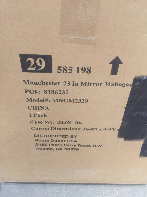 lot 7 image: Home Decorators Collection Manchester 29 in. L x 23 in. W Wall Mirror in Mahogany open box never used