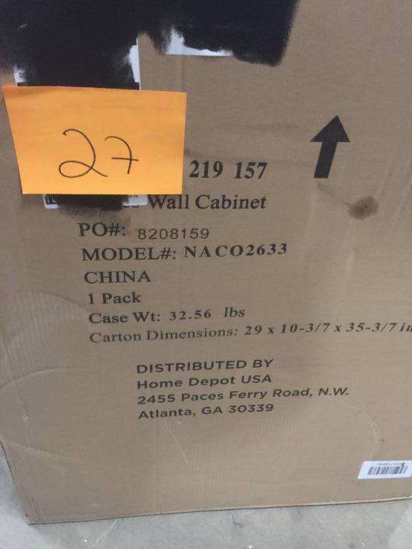 lot 28 image: Foremost Naples 26-12 in. W x 32-34 in. H x 8 in. D Bathroom Storage Wall Cabinet in Warm Cinnamon open box never used