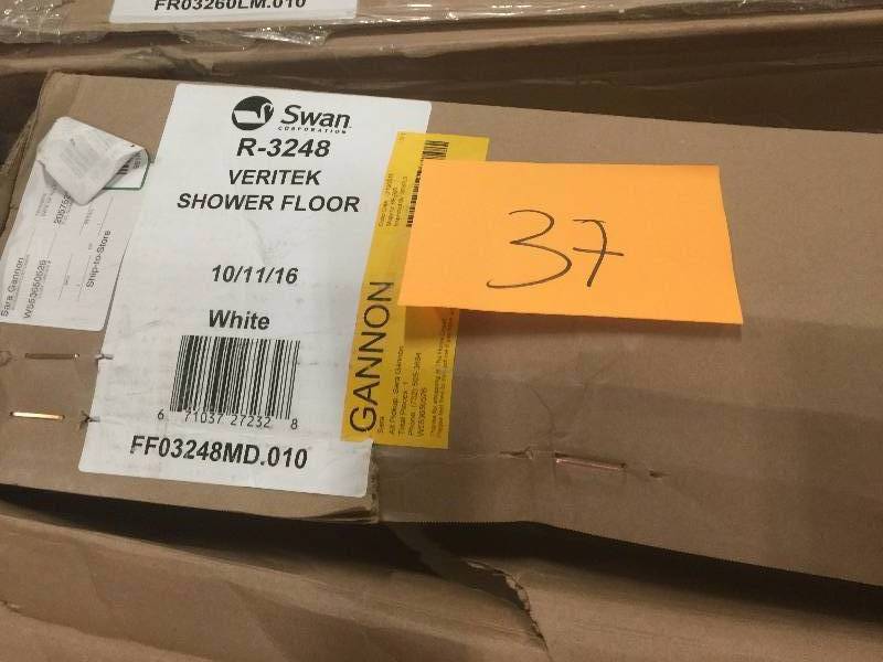 lot 37 image: Swan 32 in. x 48 in. Solid Surface Single Threshold Shower Floor in White Model # SF03248MD.010 open box never used
