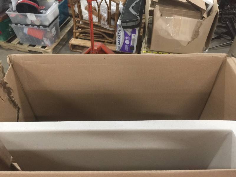 lot 72 image: Swan Contour 49 in. W x 22 in. D x 10-14 in. H Solid-Surface Vanity Top in Tahiti Sand with Single Bowl not used faucet are not include