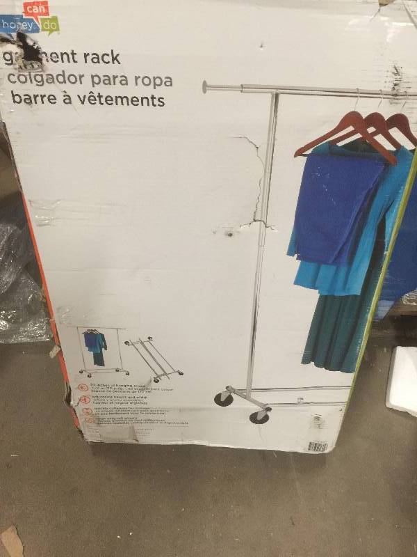 lot 73 image: Honey-Can-Do GAR-01304 Collapsible Commercial Garment Rack with Wheels, Chrome not used