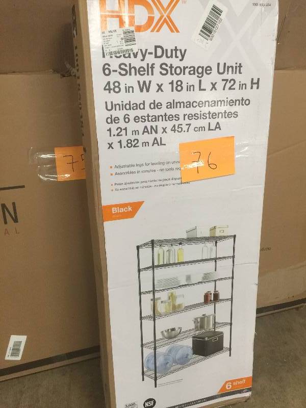 lot 76 image: HDX Deco Shelf 48 in. W x 18 in. D x 72 in. H Steel 6-Tier in Black Model#  HD18481302BPS