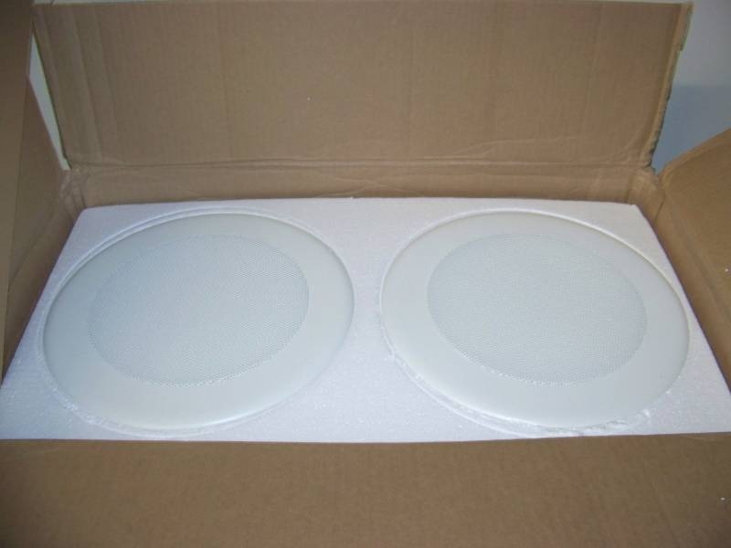 lot 55 image: (2) AMK Innovations, In-Ceiling Speakers with Grilles and Ceiling Tile Brackets - NEW in Original Box