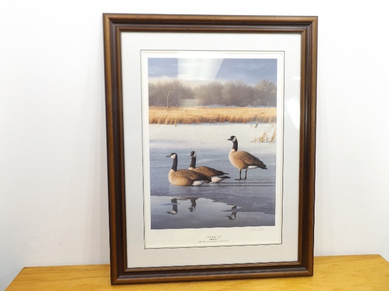 lot 35 image: Wood Framed, Pencil Signed Daniel Smith Evening Trio 1989 Duck Stamp Print 