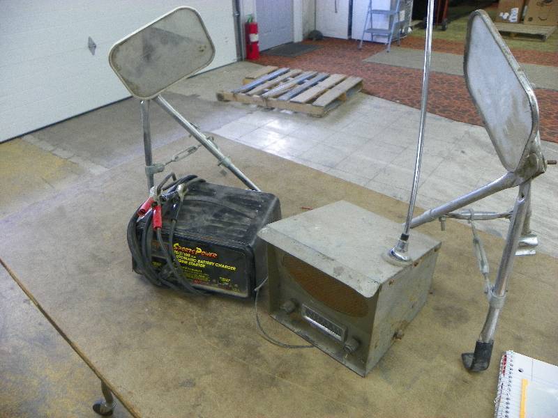 TRUCK MIRRORS, BATTERY CHARGER, OLD RADIO