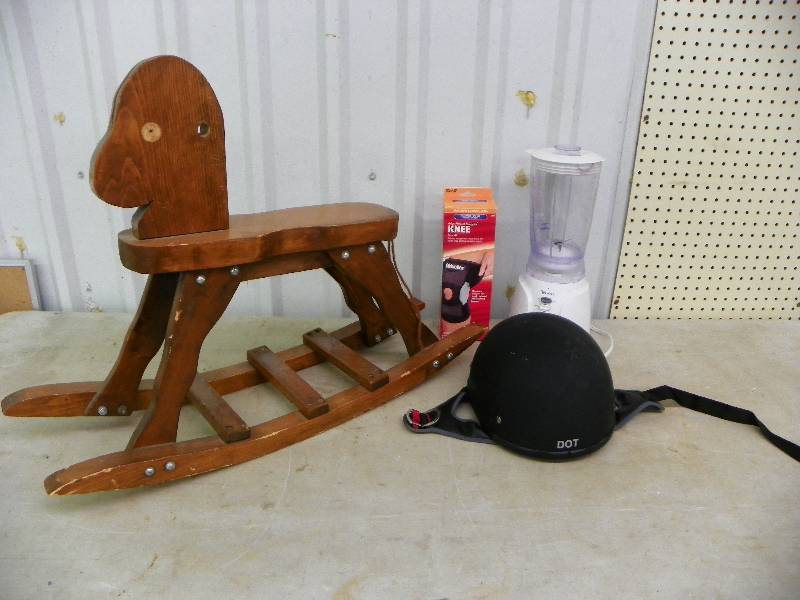 WOOD ROCKING HORSE (NEEDS TLC), KNEE BRACE, BLENDER AND DOT HELMET