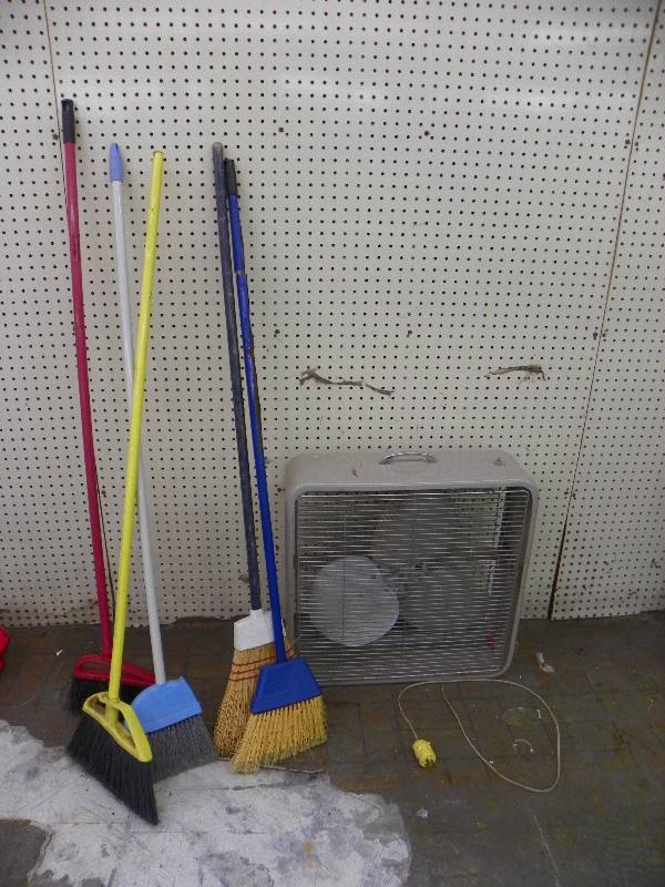 BOX FAN AND BROOMS