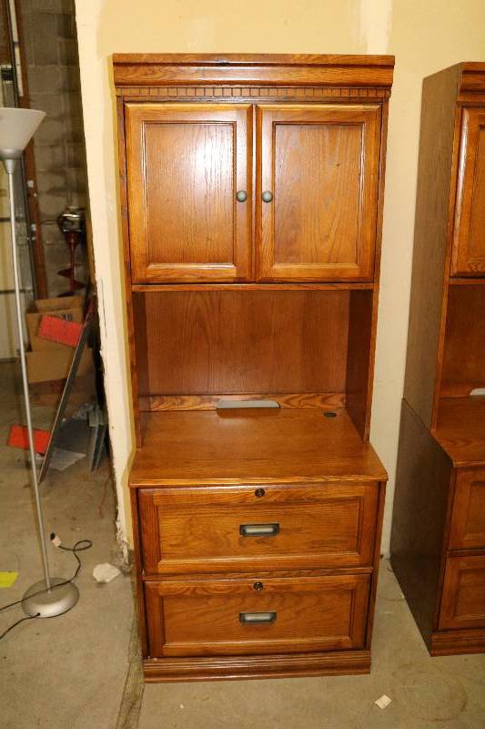 Pair of Oak Filing Cabinets with Hutch