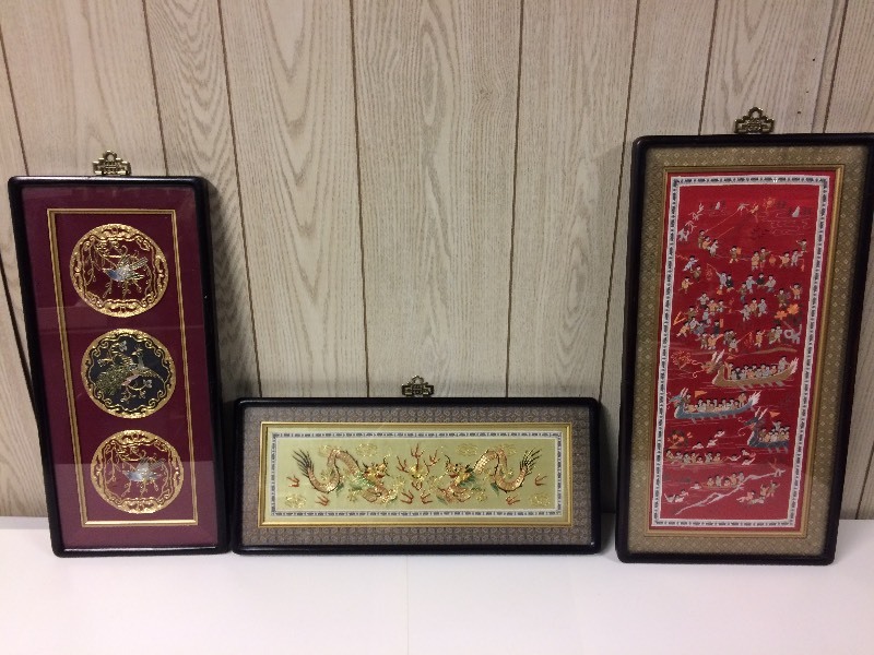 3 Vintage Asian Pictures - Embroidered Cloth - Birds, Dragons, Boat People