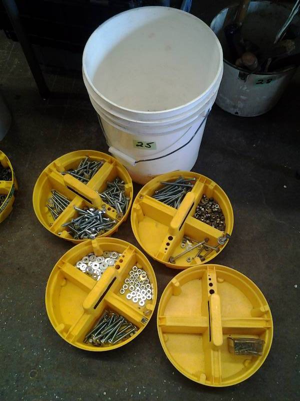 Lot Of 4 Multi Bins Of Carriage Bolts, Nuts, Washers & More In 5 Gallon Bucket