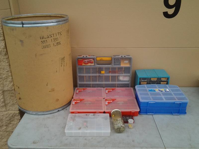 Assorted Organizers, & Contents Of 30 Gallon Barrel