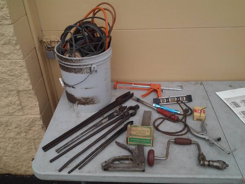 Forging Tonges, Extension Cords, Trouble Light, Stapler, Staples, Level, More With 5 Gallon Pail