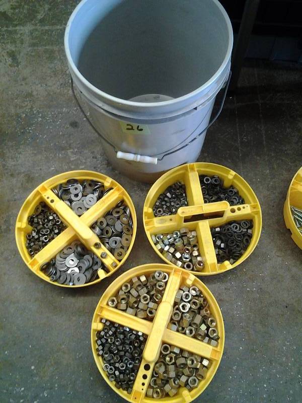 3 Multi Bin Organizers Full Of Assorted Nuts, Washers, Locks, Flats All In 5 Gallon Bucket.