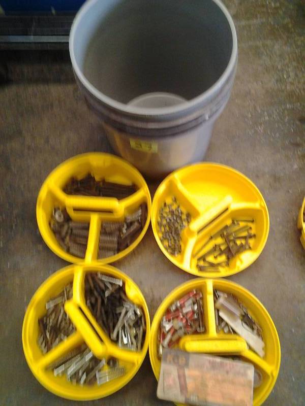 4-Multi-Bin Organizers Full Of Mollies, Sinkers, Fasteners, Lag Bolts & Much More All In 5 Gallon Bucket