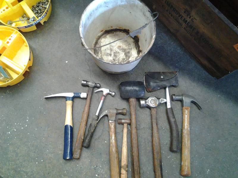 Lot Of 8 Hammers & 1 Hatchet With Pail