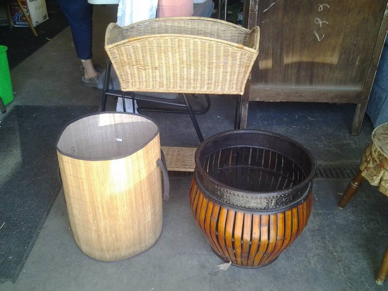 lot 6 image: Wicker Plant Stand 24x12x32, Round Wicker Hamper Wioth Handles 14x19, Bamboo Plant Basket 17x17