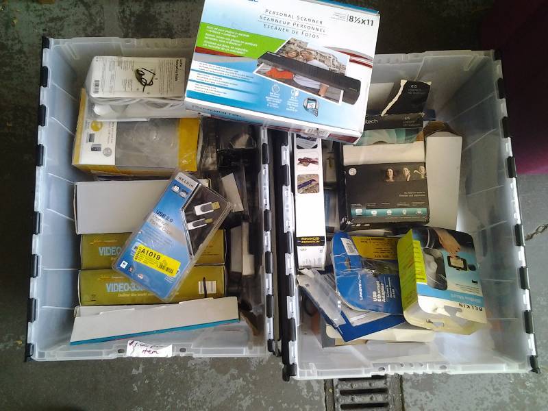 lot 35 image: 2-Tote Bins Of Computer Parts USB Ethernet Adapters, USB Multi Plugs, Scanners, Cables, Web Cams