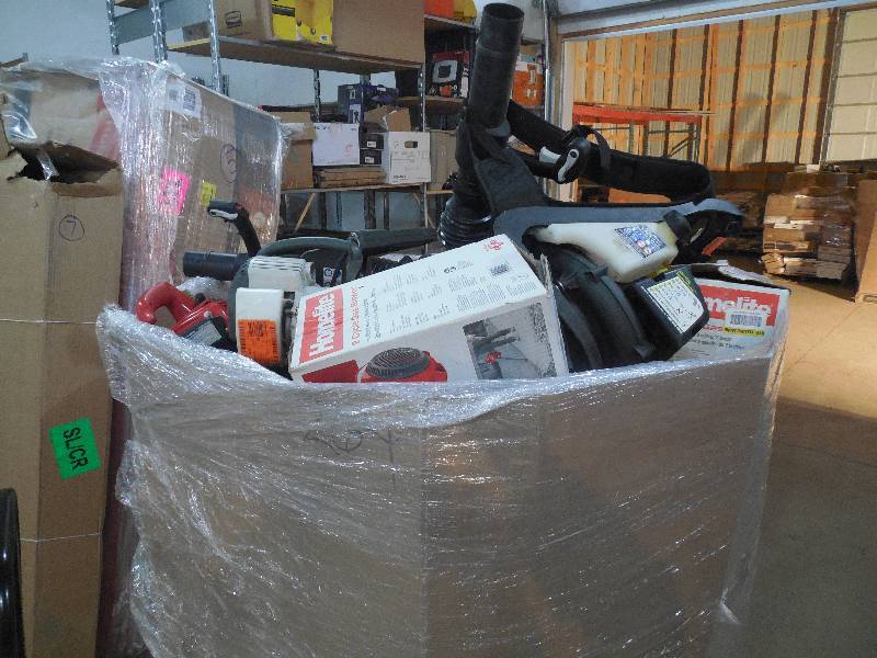 PALLET LOT OF GENERAL MERCHANDISE AND TOOLS, BLOWERS, WEED WHIPS & MORE