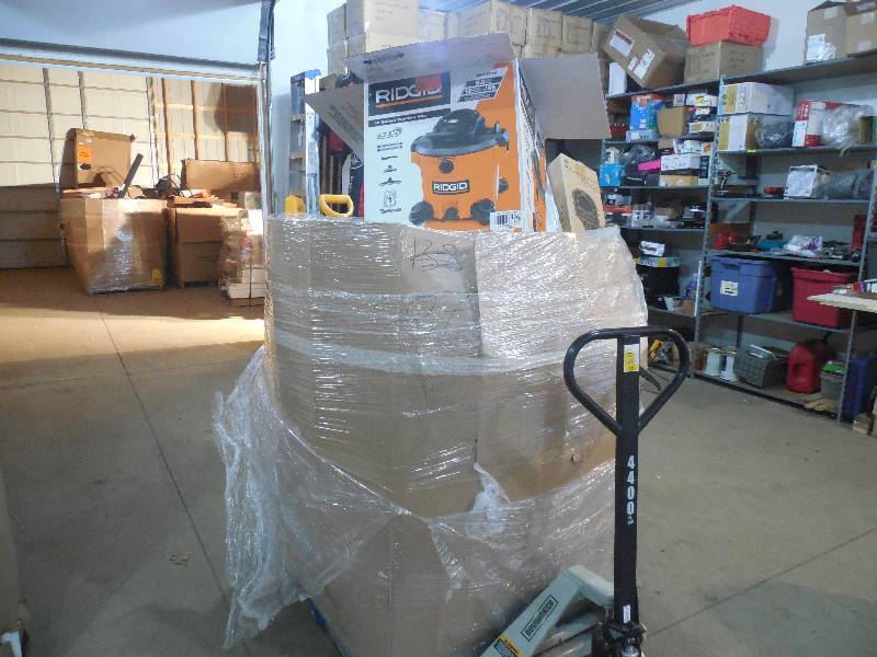 PALLET LOT OF GENERAL MERCHANDISE AND TOOLS, SHOP VACS, BLOWERS, GAS MOTOR ITEMS