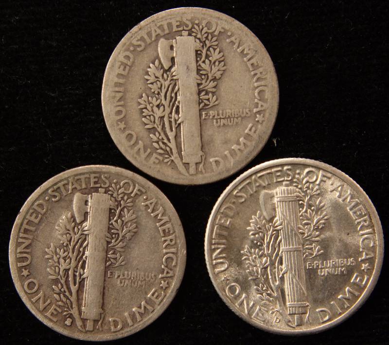 GROUP OF 3 MERCURY SILVER DIMES 1918P (G), 1930S (F), 1945D (BU)