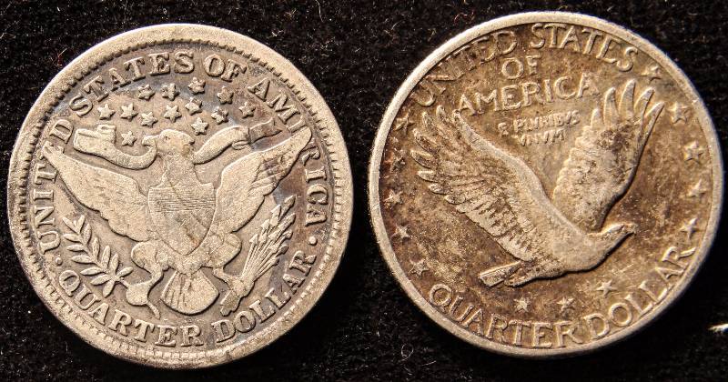 GROUP OF 2 SILVER QUARTERS 1896 BARBER VG & 1928-S STANDING LIBERTY VF