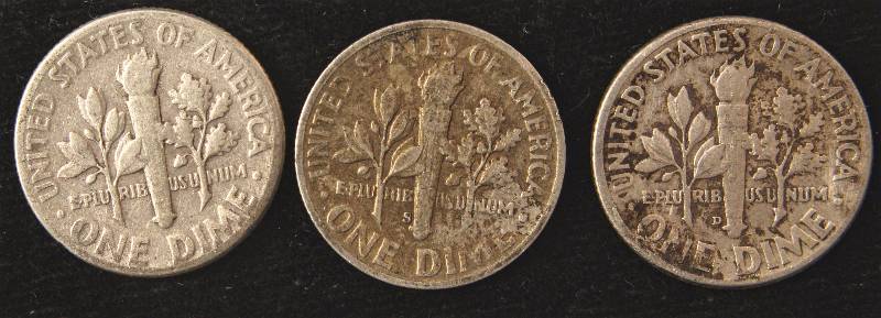 GROUP OF 3 ROOSEVELT SILVER DIMES 1946, 1947S & 1948D