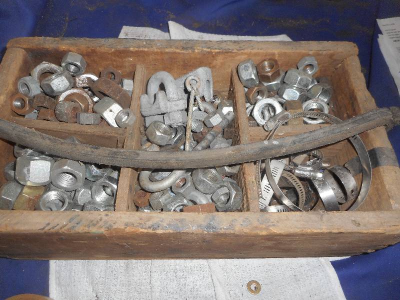 ANTIQUE WOOD BOX AND NUTS AND BOLTS