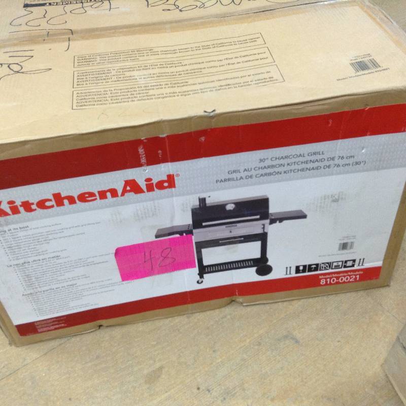 Kitchen Aid Cart-Style Charcoal Grill in Black with Foldable Side Shelves