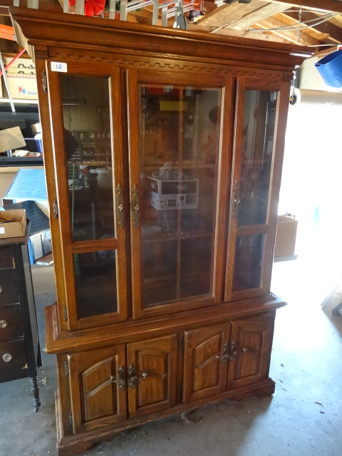 lot 10 image: Vintage wood china hutch. 2 piece. ...