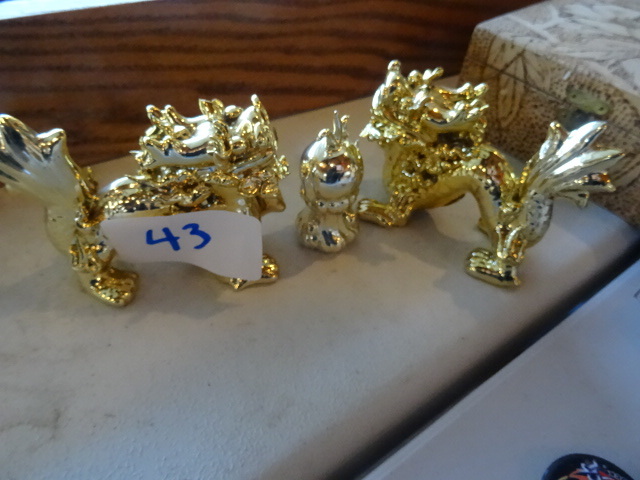 lot 43 image: 3 brass dragons. 1 brass asian figu...