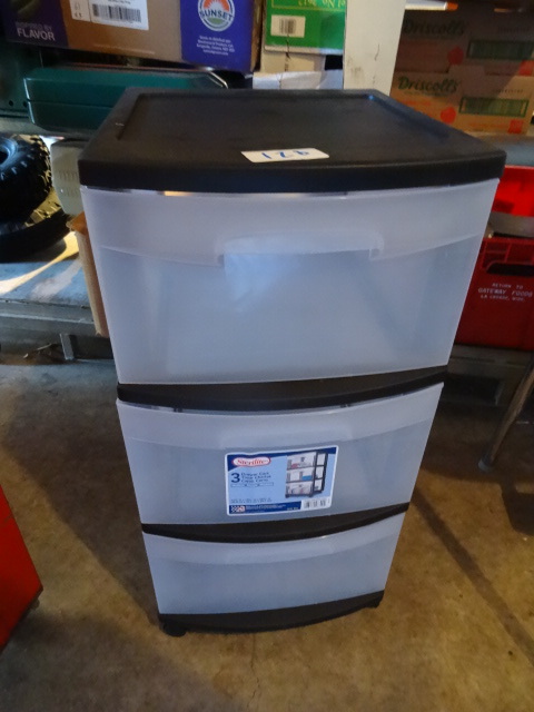 lot 128 image: Sterilite 3 drawer bin on wheels...