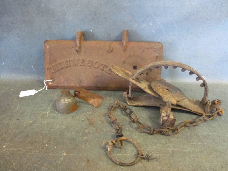 lot 108 image: Antique Steel trap, Tiny Oil Can and Vent Plate