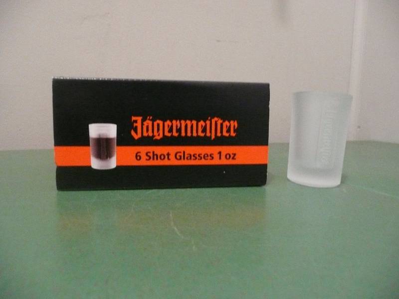 lot 44 image: 6 New In The Box Jagermeister Shot Glasses WJagermeister Advertising Sign