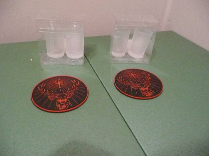 lot 45 image: 4 New Jagermeister Shot Glasses & 2 Rubber Jagermeister Coasters