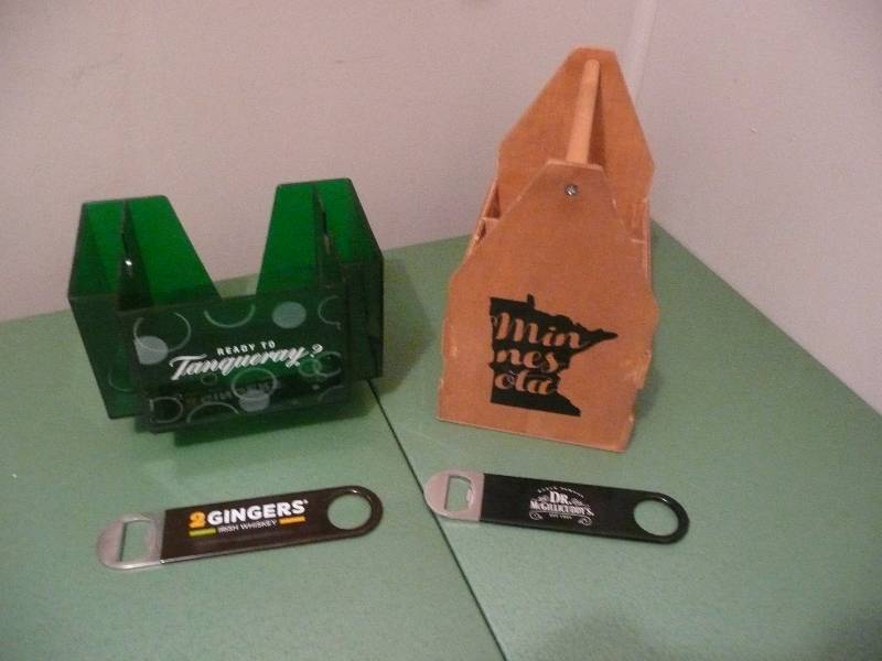 lot 57 image: Minnesota Beer Bottle Carrier WMounted Opener -  1 New Dr. McGillicuddys Opener - 1 New 2 Gingers Opener - 1 Tangueray Bar Holder