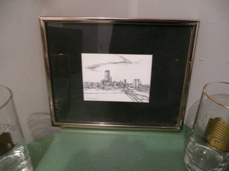 lot 63 image: Vintage Mpls Skyline Artwork WFarmers & Mechanics Savings Bank Of Minneapolis Glass Set - Guthrie Theatre, Fort Snelling, Mpls Institute Of Art, Northrup Memorial Auditorium, Farmers & Mechanics Banks