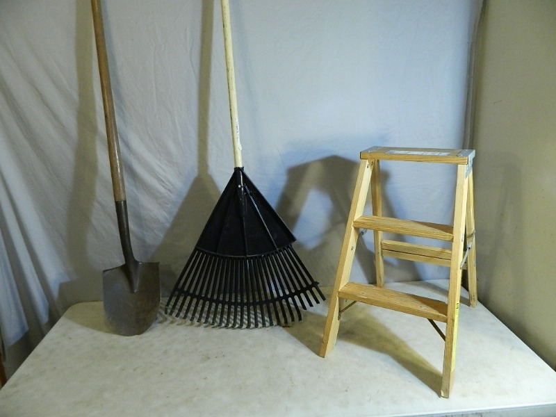 lot 53 image: Folding Step Ladder and Long Handle Tools