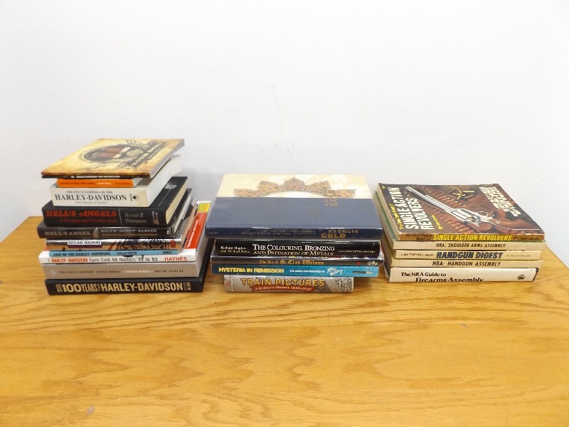 lot 37 image: Lot Of Hard and Soft Cover Harley, Gun, Adult, etc. Books