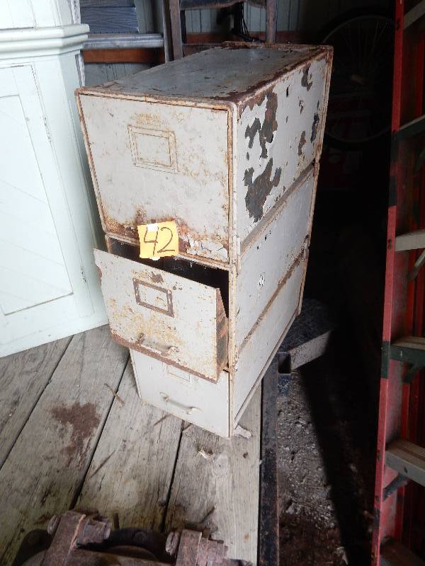 lot 42A image: Three vintage stackable Fireproofing file cabinet. Company name Fireproofing