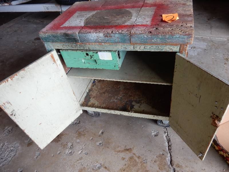 lot 2 image: Very old GardeningHobby Table.. Top folds to expose storage under top surface.. Very cool system.