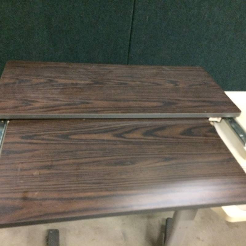 lot 28 image: Mobile Height Adjustible Great For Home Office Laptop Computer Use or Overbed Workstation Hill-Rom Patient Mate Wood Grain Tray Table With Mirror - Excellent Condition