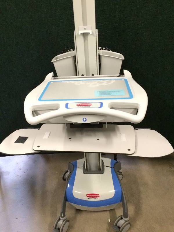 lot 57 image: WOWOW Retails NEW $4000 This is the Ergotron of Your FANTASIES Powered Light Up Rubbermaid Adjustible Sit Or Stand Computer Laptop Cart - Comes With Everything You See Super Condition