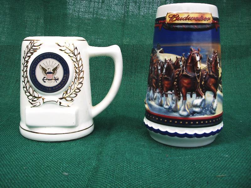 lot 34 image: Budweiser beer stine and Navel recruting mug.