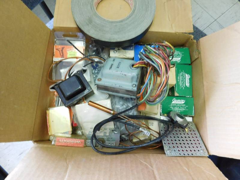 lot 129 image: Misc Cart # 2 Box of Electrical & Fastners, Wall Mount Antenna, Digita Signal Processor