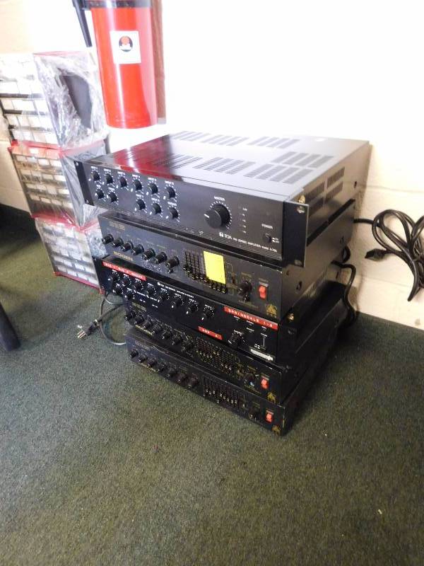 lot 158 image: 3 - Bogen Gold Series 250,  1 - Toa 700 Series Amps, and American Sound Electronics