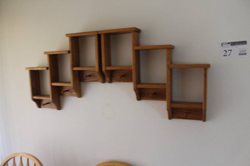 lot 27 image: Decorative 6-Slot Wood Wall Shelf