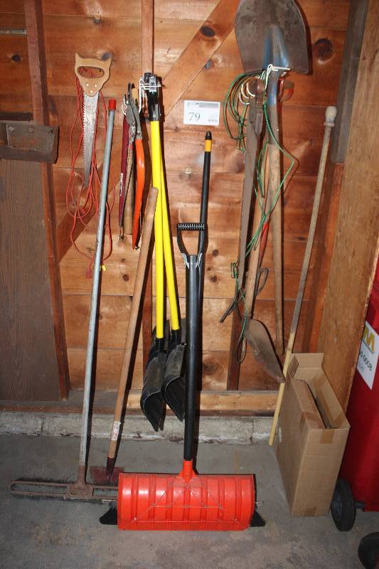 lot 79 image: Shovels, Broom, Yard Tools, Extension Cords, Hand Tools, And More