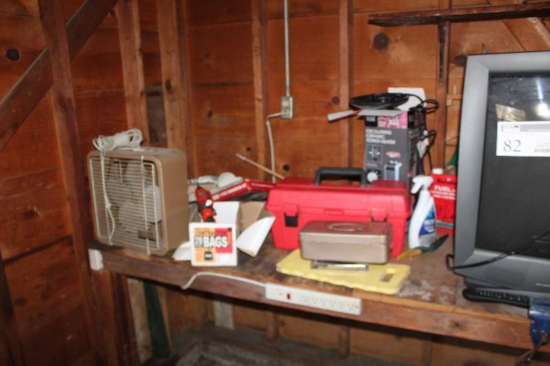 lot 82 image: Contents of Table Includes Toolbox w Tools, Small Fan, Drill, Screwdriver Set, Oscillating Ceramic Tower Heater, And More